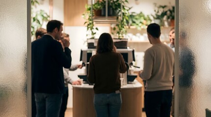 Through a frosted glass, a blurry scene reveals office workers gathering around a coffee machine in a breakroom adorned with plants, enjoying a casual social interlude.