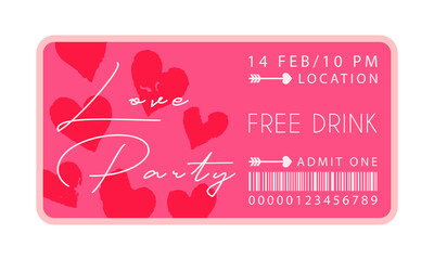Valentine's Day party ticket template. Love Party layout. Hand drawn vector illustration for party events promotion design projects.