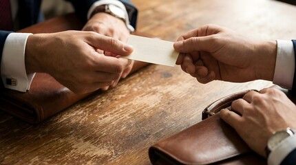 Two business professionals exchange a blank business card across a rustic wooden table, symbolizing networking and new connections.
