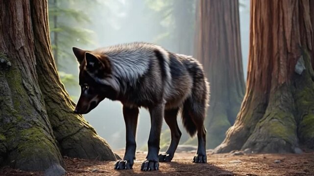 Majestic black wolf standing in misty forest between giant trees
