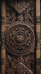 Intricate wooden carving with circular design and detailed patterns