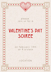 Template of elegant art deco style Valentine's Day party invitation. Festive design for holiday soirees, events, brunch, social posts, posters and flyers. Hand drawn vector illustration.