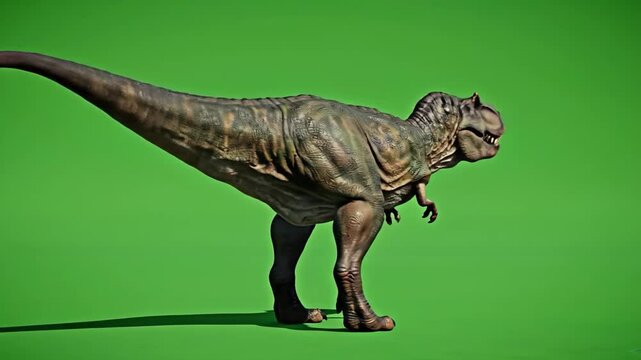 Tyrannosaurus dinosaur. Brown prehistoric creature. Walking animal. Green background. Dinosaur model. Prehistoric beast. Fierce reptile. Ancient animal. Museum quality. Detailed sculpture.