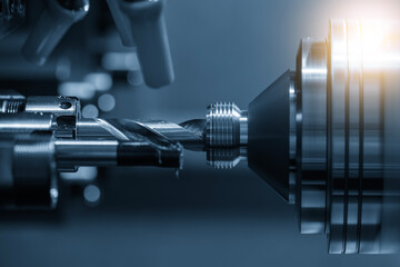 The multi tasking CNC lathe machine Swiss type bore cutting process the metal tube parts in the light blue scene.