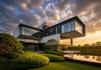 Architectural masterpiece: modern villa with cantilevered design and extensive glazing at sunset