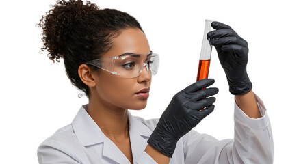 Female scientist in lab coat and safety glasses examining a test tube isolated on transparent background