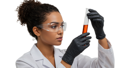 Female scientist in lab coat and safety glasses examining a test tube isolated on transparent background