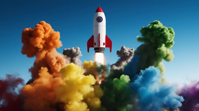 Colorful rocket launch with vibrant smoke explosion