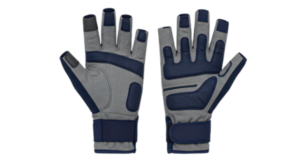 Pair of fingerless work gloves isolated on transparent background, featuring a gray and blue design for dexterity