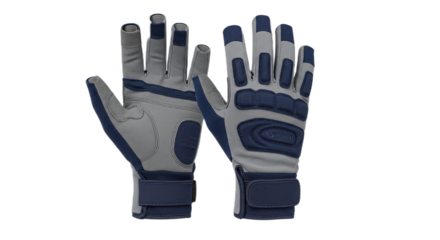Pair of gray and blue work gloves isolated on transparent background, designed for protection and grip
