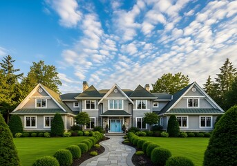 A large gray luxury home with a striking blue door and manicured lawn under a cloudy sky.