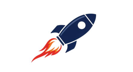 Illustration of a blue rocket ship launching with flames isolated on transparent background, representing ambition and exploration