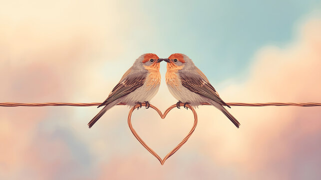 Two cute birds sitting on a wire forming a heart shape