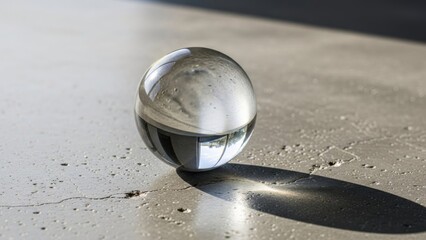 Glass sphere capturing inverted reality on textured concrete surface under strong sunlight
