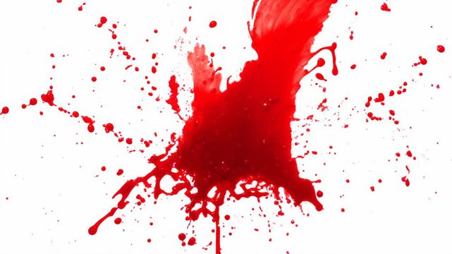 Dramatic red blood splash with messy splatter, stain, and drop of liquid paint isolated on white background, creating an abstract texture for graphic horror concepts