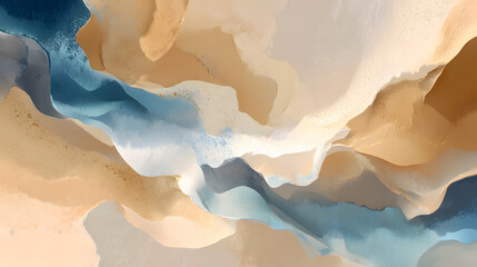 Ultra clean organic abstract art, flowing shapes with soft edges, warm beige base with gentle blue accents.