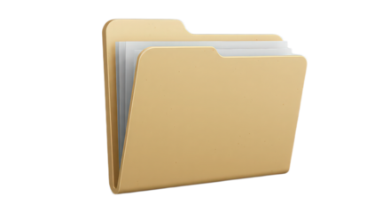 Multiple golden folders isolated on transparent background for document organization and file management