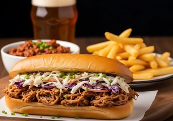 A mouthwatering pulled pork sandwich topped with creamy coleslaw served with fries