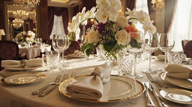 Elegant dining setup with floral centerpiece in an opulent restaurant setting