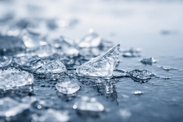 AI generated image showcasing jagged ice fragments floating on cold water, reflecting light and creating a beautiful, intricate texture with sharp edges and natural lighting.