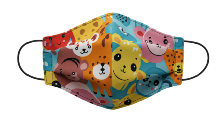 Close up of a colorful face mask isolated on transparent background, featuring cartoon animals and a playful design