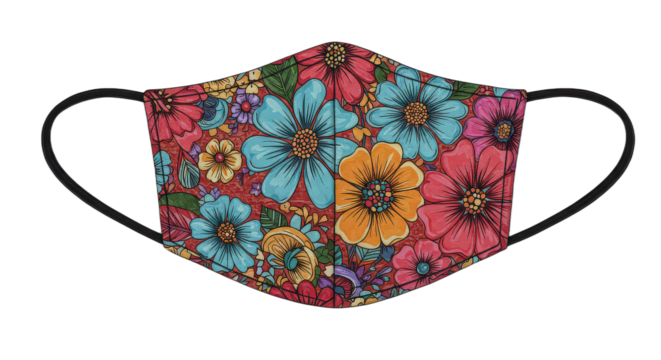 Floral face mask isolated on transparent background colorful flower pattern face mask for protection from viruses - Powered by Adobe