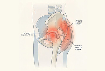 Medical illustration of hip joint inflammation and gluteal muscle strain