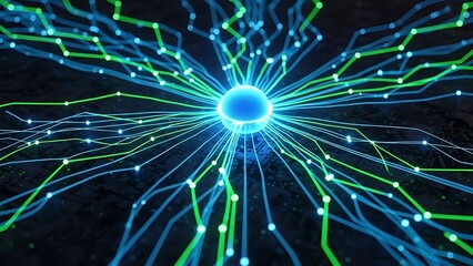 Abstract AI Neural Network Bloom, Luminous Interconnected Lines on Dark Background, Artificial Intelligence and Big Data Concept