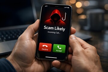 Smartphone scam call and phishing concept with unknown caller interface and hacker icon on screen