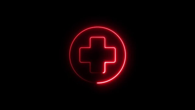 Abstract neon glowing medical cross icon animation, line red plus symbol icon simple positive plus icon animation, medical plus icon animation on 4k video footage.
