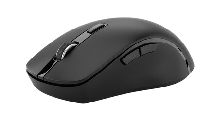 Closeup of a sleek black wireless computer mouse with a scroll wheel isolated on transparent background