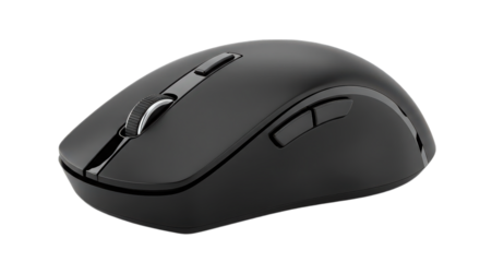 Closeup of a sleek black wireless computer mouse with a scroll wheel isolated on transparent background