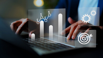 Businessman analyzing profit and quality management concepts long term cost planning, product quality, budgeting, financial forecasting, and company revenue and expense projections.