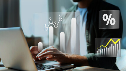 Businessman analyzing profit and quality management concepts long term cost planning, product quality, budgeting, financial forecasting, and company revenue and expense projections.