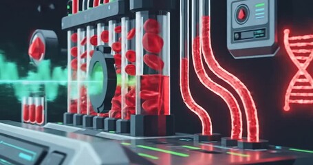 Futuristic laboratory scene showcasing blood analysis with advanced technology and vibrant visuals - Powered by Adobe