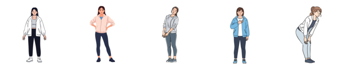Fototapeta premium Casual Woman Standing Poses Relaxed Body Language Daily Lifestyle Flat Vector Illustration