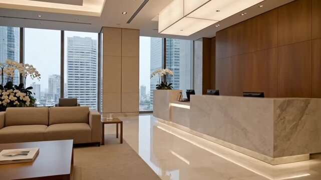 A modern reception area featuring elegant furniture, large windows, and floral decor