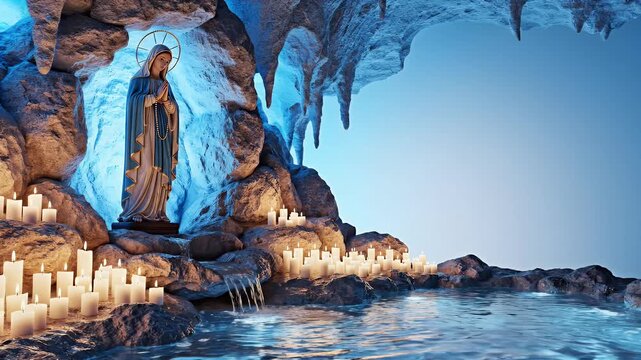 Feast of Our Lady of Lourdes Banner with Marian Statue and Glowing Grotto Background