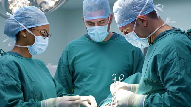 Three medical professionals in green scrubs and surgical masks perform surgery