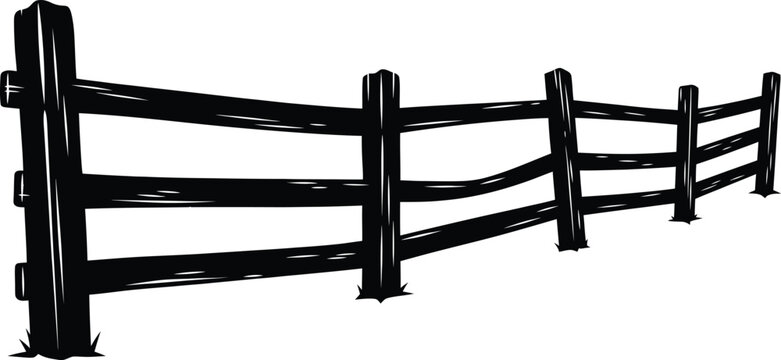 A black and white illustration of a rustic wooden fence