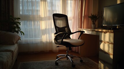 Quiet office corner in soft morning daylight with desk and chair, authentic imperfect workspace atmosphere for remote work, productivity, focus and modern lifestyle concepts