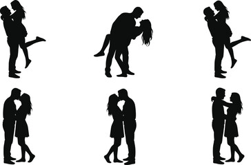 Obraz premium Romantic couple silhouettes set, man and woman hugging kissing dancing poses, love relationship black figures isolated white background illustration collection