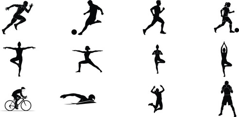 Collection of black silhouettes depicting various sports and athletic activities