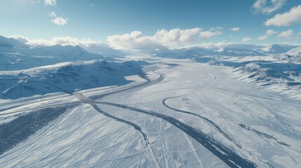 Snowy mountain landscape with ski trails
