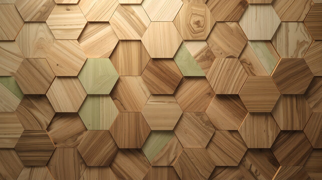Seamless 3D hexagonal wooden wall texture background for interior and abstract design.
