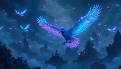 Bioluminescent birds in mid-air, glowing blue, pink, and purple feathers, floating islands in the sky, fantasy futuristic world
