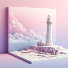 夢のような色彩で描かれた立体的なシーサイドの灯台アート