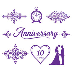 Celebrate 10th Anniversary with Elegant Design Elements and Silhouettes Isolated on Transparent Background