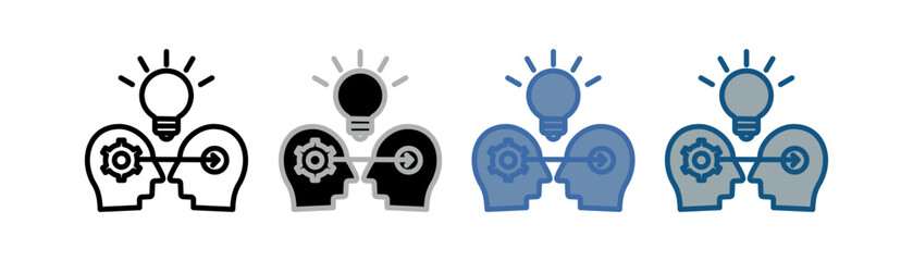 
Outline icon set of coaching and mentoring with two heads, gears, and light bulb design