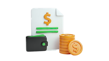 3D Rendering of Financial Elements: Wallet, Coins, and Document